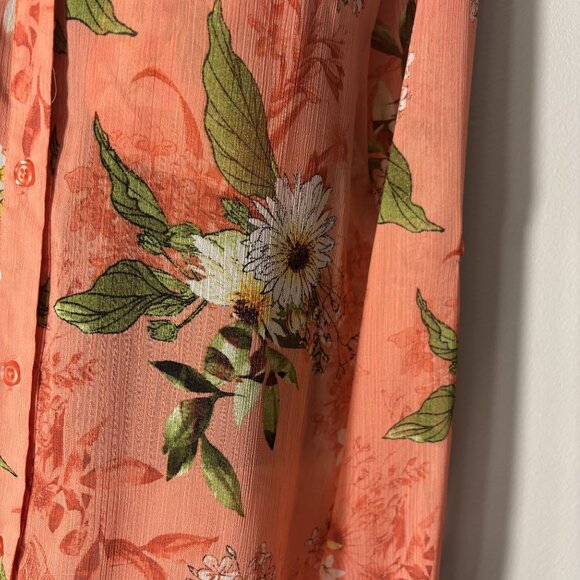 Floral Long Sleeve Sheer Button-Down Shirt Peach & Green Lightweight Boho Top - Picture 5 of 10